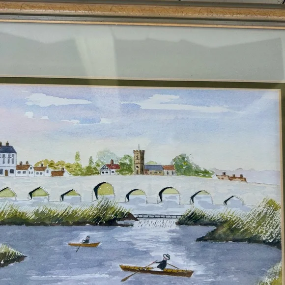 Framed Watercolor Painting fo a European Town, Rowboats by the Bridge - Picture 3 of 8